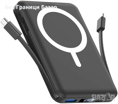 Нова Външна батерия Магнитен power bank 10000mAh 15W безжично + вградени кабели