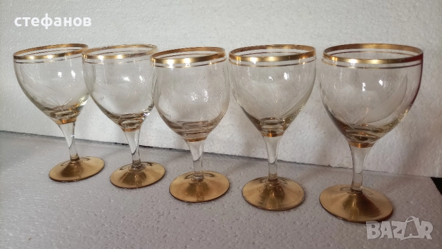 Страхотни чаши за вино или контцентрат, позлата, ръчна гравюра, столче, 5 бр, снимка 3 - Чаши - 52750352