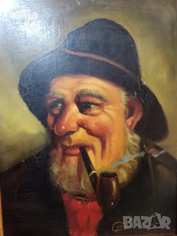 Стара картина Старецът с лулата -масло върху фазер подписана ,рамката е добавена от нас (пластика ),, снимка 2 - Антикварни и старинни предмети - 49929473