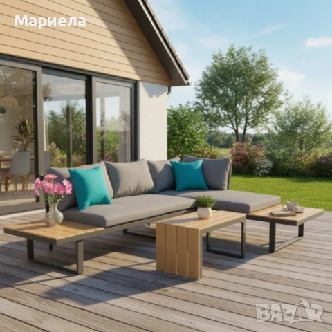Градински комплект KANZA - модулен ъглов диван от алуминий с удобни възглавници и маса