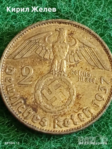 Сребърна монета 2 райхсмарки 1937г. Германия Трети Райх с Свастика за КОЛЕКЦИОНЕРИ 53443, снимка 5 - Нумизматика и бонистика - 53615156