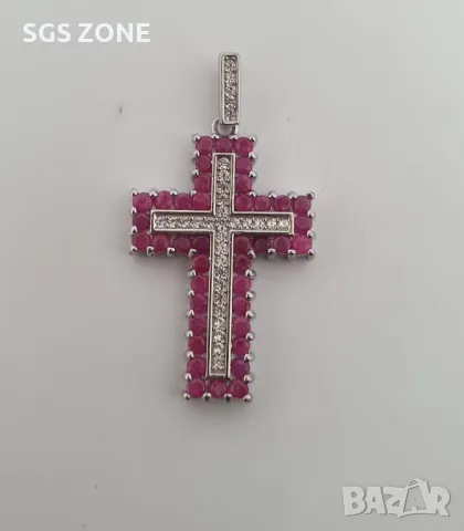 Сребърен Кръст със Сапфири/Рубини/Изумруди, снимка 3 - Колиета, медальони, синджири - 49931920