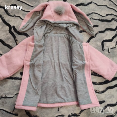 Страхотно детско тънко розово палто с качулка с ушички ( 8 месеца), снимка 2 - Бебешки якета и елеци - 40758603