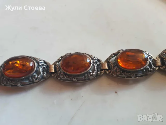 Масивна сребърна гривна с естествен кехлибар, снимка 5 - Гривни - 56231480