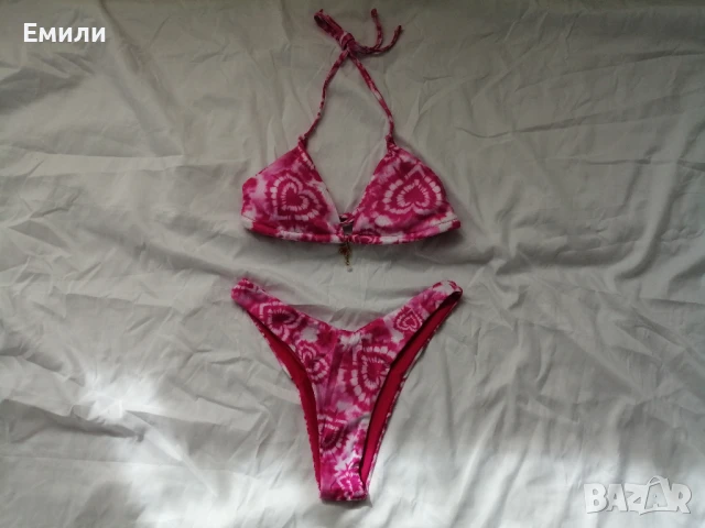 Нов комплект розов дамски бански от две части с принт сърчица р-р XS, S, M, L , снимка 2 - Бански костюми - 50900005