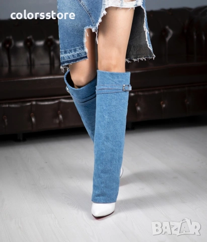 Ботуши на ток - деним и бяла кожа - KD100 , снимка 2 - Дамски ботуши - 35168104