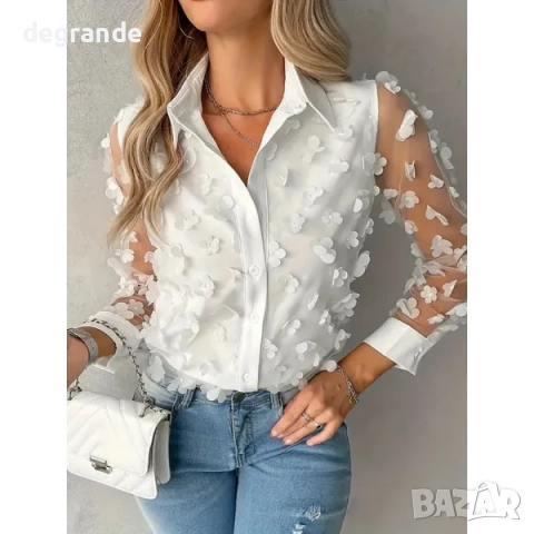 Бяла риза с цветя и ръкави от тюл , снимка 3 - Ризи - 51466312