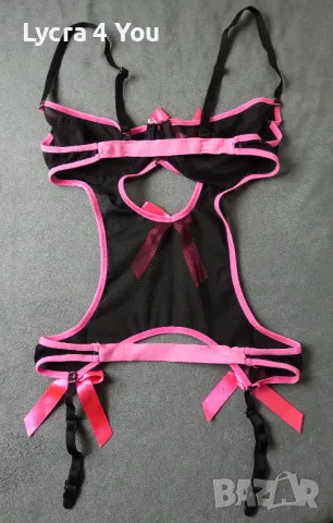 XS/S еротично черно тюлено боди с розови елементи и панделки, снимка 11 - Бельо - 50105409