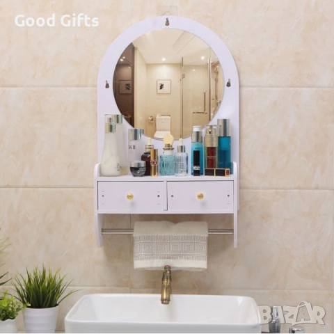 Огледало за грим с шкаф и чекмеджета – Стенно огледало против замъгляване с място за съхранение, снимка 4 - Шкафове - 52943870