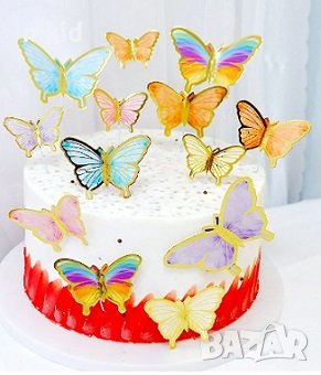 10 пеперуди картонени златен контур на тел розови лилави топери украса декор за торта, снимка 4 - Други - 29247526