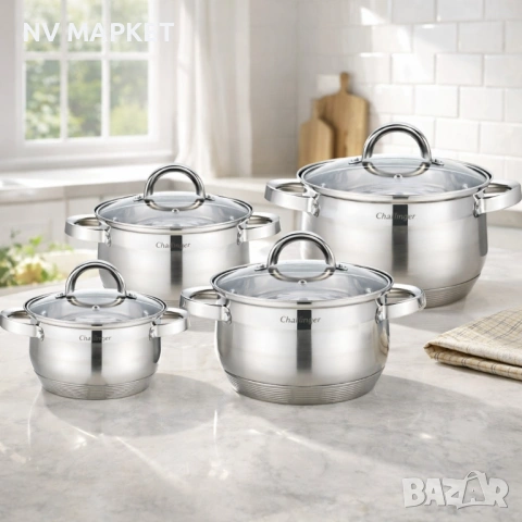 К-т 4 тенджери от неръждаема стомана с индукционно дъно Cheffinger CF-SS8 + ПОДАРЪК Ръчен чопър, снимка 2 - Чопъри и пасатори - 53840086