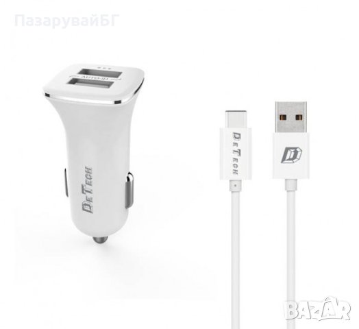 Автомобилно зарядно DETECH за мобилен телефон с букса Type-C , 2xUSB , 5V 2,4A , Quick Charge 2 , снимка 1