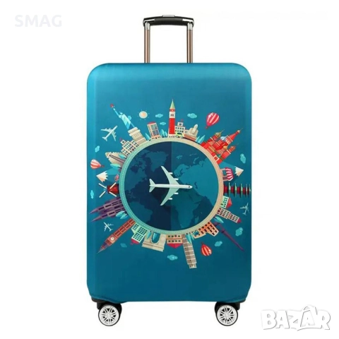 Защитно покривало за куфар, зелено с щампа на световни забележителности_1237141