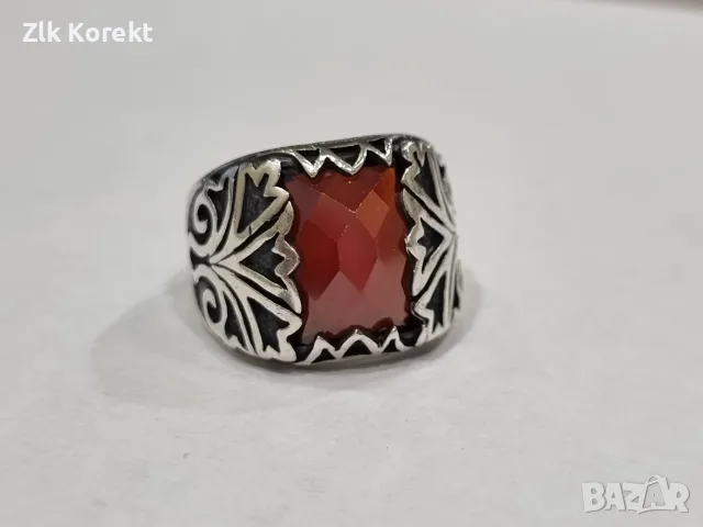 Сребърен пръстен с кехлибарен камък, снимка 3 - Пръстени - 56259576
