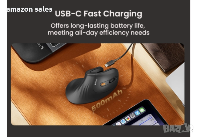 ProtoArc Ергономична мишка EM11 NL Bluetooth презареждаща безжична вертикална връзка с 3 устройства, снимка 10 - Клавиатури и мишки - 51912037