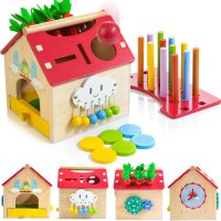 Дървена къща Kizfarm Монтесори, играчки за сортиране и подреждане - 4-в-1 образователна игра за деца, снимка 1 - Образователни игри - 44374413