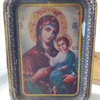 Стар метален поднос икона тава религия богородица, снимка 1 - Антикварни и старинни предмети - 36129270