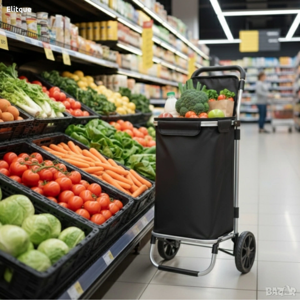 Количка за пазаруване в черен цвят – 40 л, водоустойчива, лека и удобна с 2 колела, снимка 1