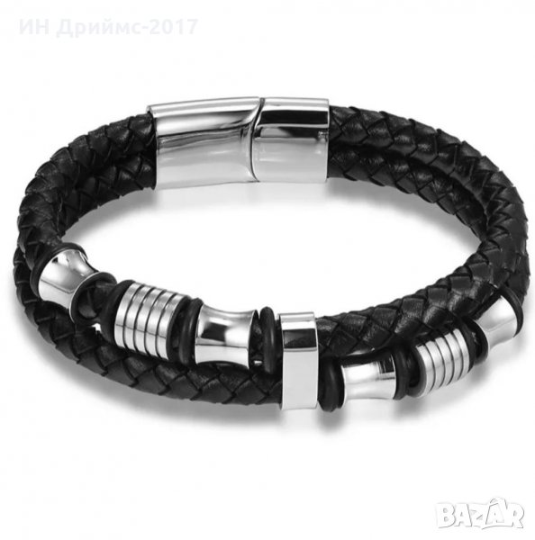 Луксозна мъжка гривна от естествена кожа сребристи орнаменти , снимка 1