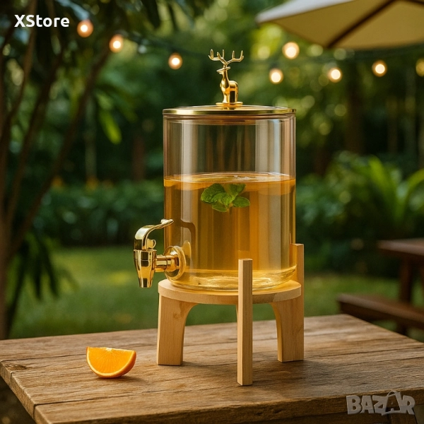 Голям диспенсър за напитки 8L с дървена стойка и златист кран, снимка 1