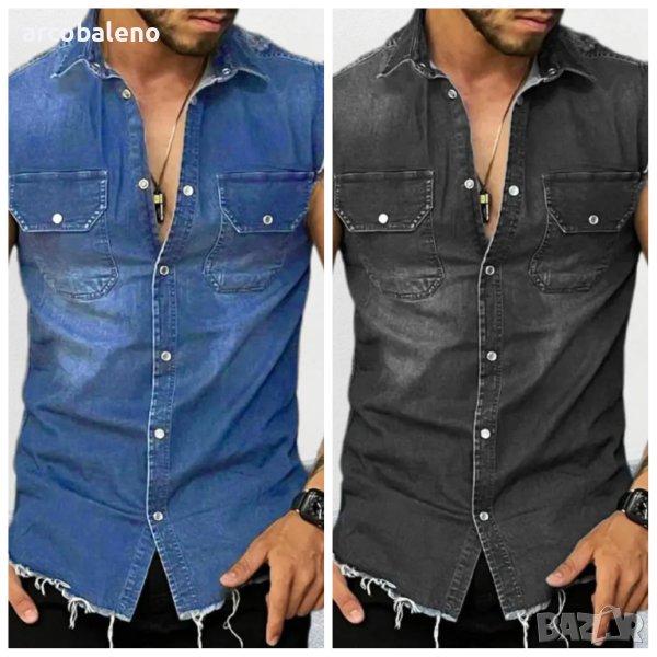Мъжка дънкова риза без ръкави с ревер, 2цвята, снимка 1