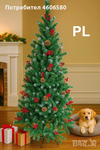 🎄 Коледна елха с червени плодчета и шишарки – 180 см 🎁, снимка 1