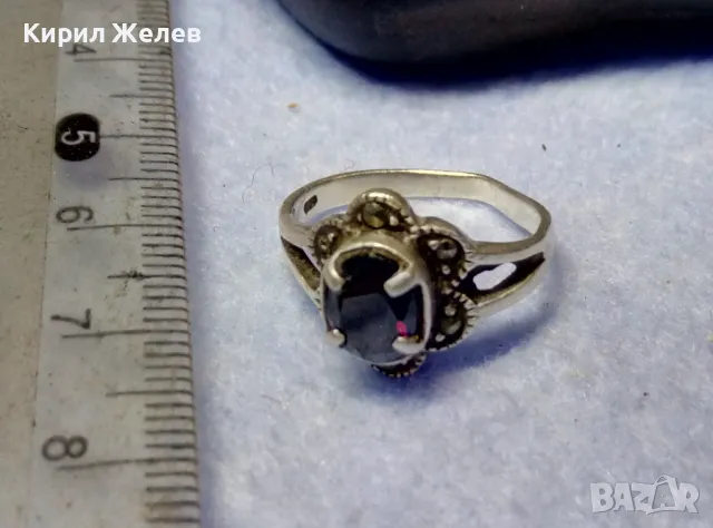 СТАРИНЕН МАРКАЗИТЕН СРЕБЪРЕН ПРЪСТЕН СРЕБРО 925 АВТОРСКИ с 2 ЩЕМПЕЛА и РЯДЪК ТЪМЕН АМЕТИСТ 48267, снимка 2 - Антикварни и старинни предмети - 50354750