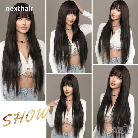 Дълга 80 см тъмно кафява права перука на пластове зигзаг път, снимка 3 - Аксесоари за коса - 52319493