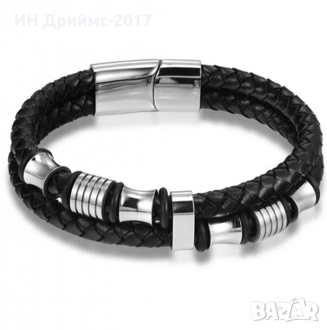 Луксозна мъжка гривна от естествена кожа сребристи орнаменти 