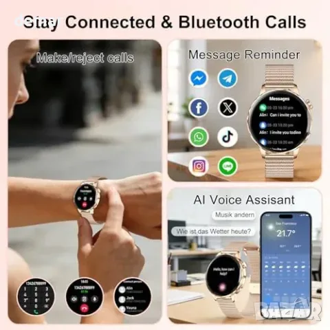 Дамски смарт часовник 3,23 см с Bluetooth разговори, IP68 и 3 каишки, снимка 4 - Смарт часовници - 55827422