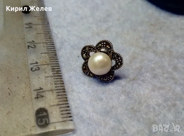 СКЪПОЦЕННА СРЕБЪРНА ПЕРЛЕНА ОБЕЦА СРЕБРО 925 с НАТУРАЛНА БЯЛА ПЕРЛА и ФАСЕТИРАНИ МАРКАЗИТИ 45514, снимка 8 - Обеци - 49757538