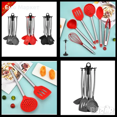 Силиконови кухненски прибори с метални дръжки 7 части 