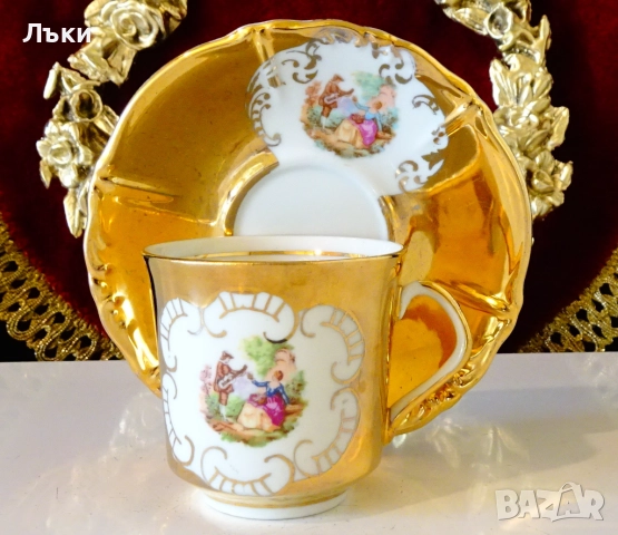 Италианска порцеланова чаша с чиния,злато,Фрагонар. 