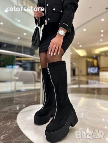 Ботуши на платформа - черен велур - BG10 