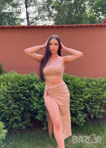 Комплект топ и пола с дълбока цепка бежов, снимка 4 - Комплекти - 48024522