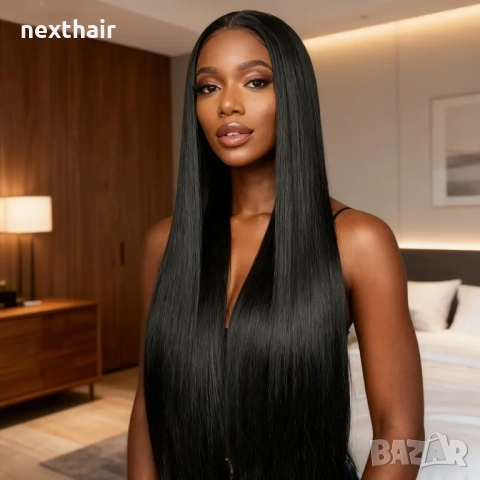 80 см Дантелена черна права перука от висококачествен синтетичен косъм