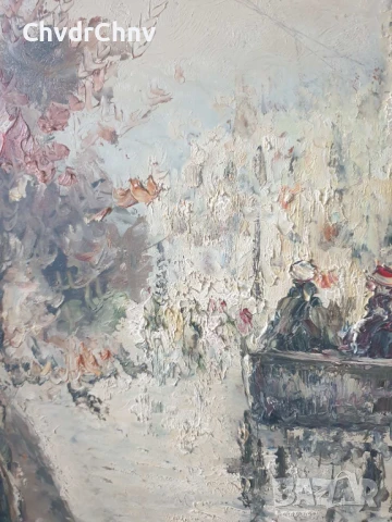 84х65см/голяма стара картина масло върху фазер/градски пейзаж-карета/дървена рамка, снимка 5 - Картини - 51177197