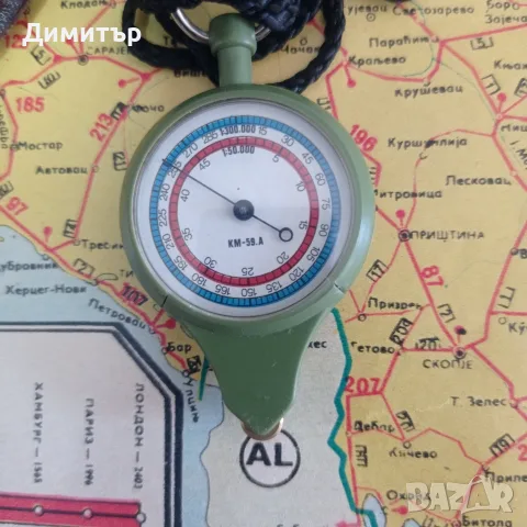 Армейски двустранен курвиметър КМ-59.А – СССР, отличен, с кожен калъф, снимка 2 - Антикварни и старинни предмети - 56085904