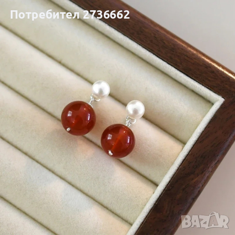 Сребърни обеци с червен ахат и перли , снимка 1 - Обеци - 44648887