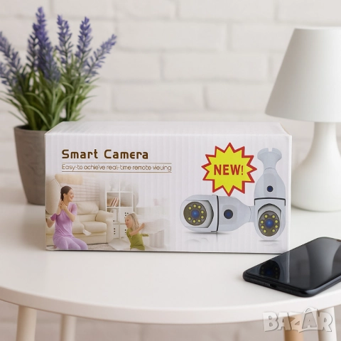 WiFi двойна IP камера за фасунга – Full HD 1080P, 355° въртене, нощно виждане и двупосочно аудио, снимка 3 - Други - 51948016