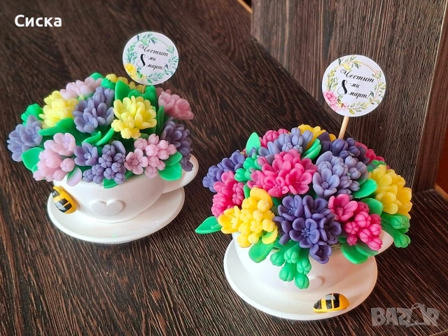 Ръчно изработени ароматни сапунени глицеринови цветя в керамична чаша, снимка 5 - Подаръци за жени - 53466252