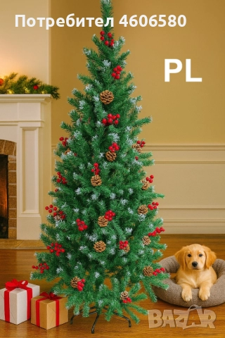 🎄 Коледна елха с червени плодчета и шишарки – 180 см 🎁
