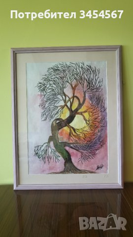 Ръчно рисувана картина "Танцуващо дърво" 62/48акварел, снимка 3 - Картини - 42306365