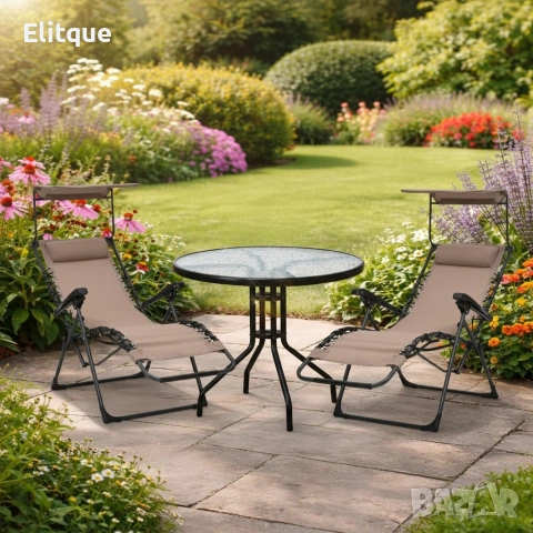 Комплект за релаксация на открито: 2 сгъваеми шезлонга с нулева гравитация и стилна масичка за кафе, снимка 7 - Други стоки за дома - 53269720