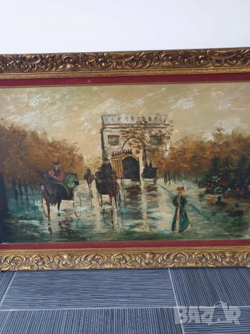 120х80см/стара голяма картина масло върху платно/градски пейзаж-Париж-карети/барокова дървена рамка, снимка 2 - Картини - 50978182