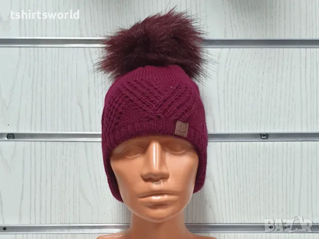 Нова детска зимна шапка тип ушанка с помпон в цвят бордо, снимка 6 - Шапки, шалове и ръкавици - 47894082