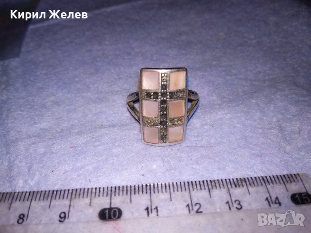 СРЕБЪРЕН СЕДЕФЕН АРТ ПРЪСТЕН СРЕБРО 925 с ШЛИФОВАН РОЗОВ СЕДЕФ и МАРКАЗИТИ - ЧАСТ от КОПЛЕКТ 27694, снимка 11 - Пръстени - 41638263