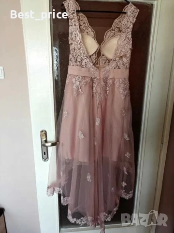 Официална рокля цвят пепел от рози с дантела и гол гръб, снимка 2 - Рокли - 53409832