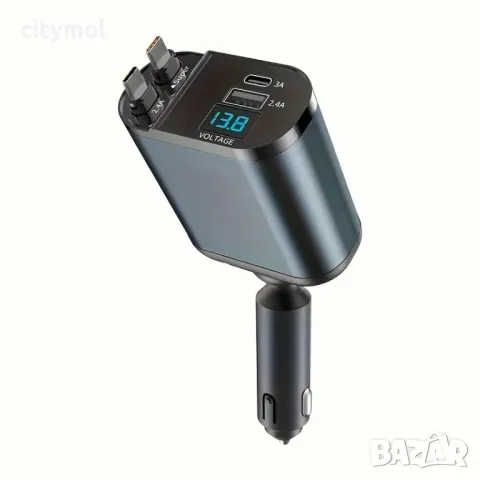 Зарядно за кола 4 в 1, супер бързо зареждане, , 2 прибиращи се Type-C кабела, USB иType-C изходи, LE, снимка 3 - Зарядни за кола - 47691069