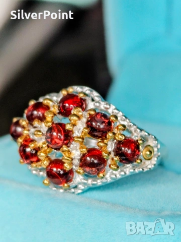 Сребърен пръстен с Гранати кабошони